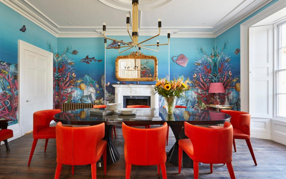 Anouska Lancaster's formal dining room in her Georgian home in Cornwall contrasts heritage features with modern furnishings