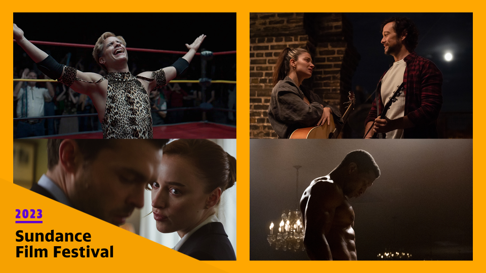 from l to r: Gael Garacia Bernal in Cassandro; Eve Hewson and Joseph Gordon-Levitt in Flora and Son; Jonathan Majors in Magazine Dreams; and Alden Ehrenreich and Phoebe Dynevor in Fair Play. (Photos: Courtesy of Sundance Institute)