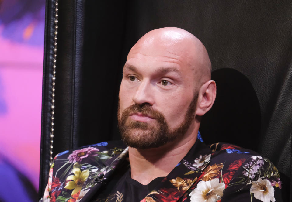 Boxer Tyson Fury speaks during a press conference with Deontay Wilder in Los Angeles, California on January 25, 2020 ahead of their re-match fight in Las Vegas on February 22. (Photo by RINGO CHIU / AFP) (Photo by RINGO CHIU/AFP via Getty Images)