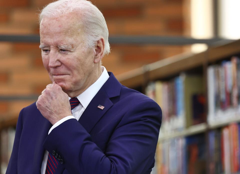 President Joe Biden prepares to deliver remarks on canceling student debt at Culver City Julian Dixon Library on February 21, 2024 in Culver City, California.