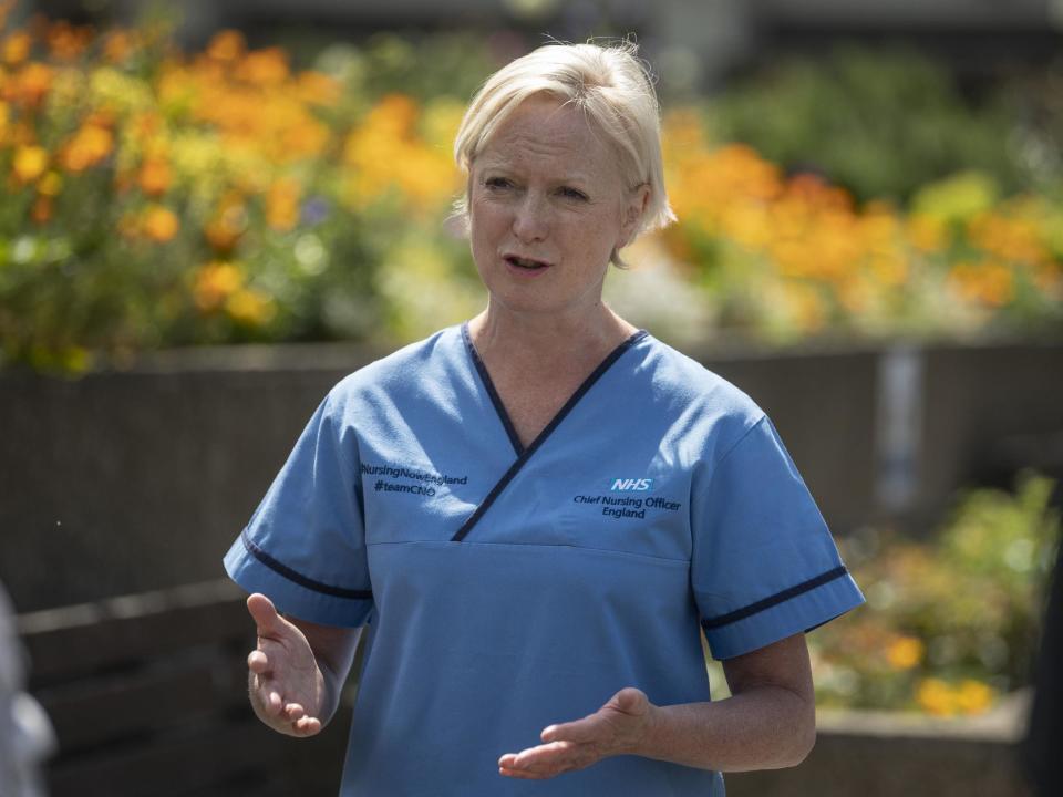 Ruth May, chief nursing officer for England, outside St Thomas's Hospital in central London on International Nurses Day, 12 May 2020 (PA)