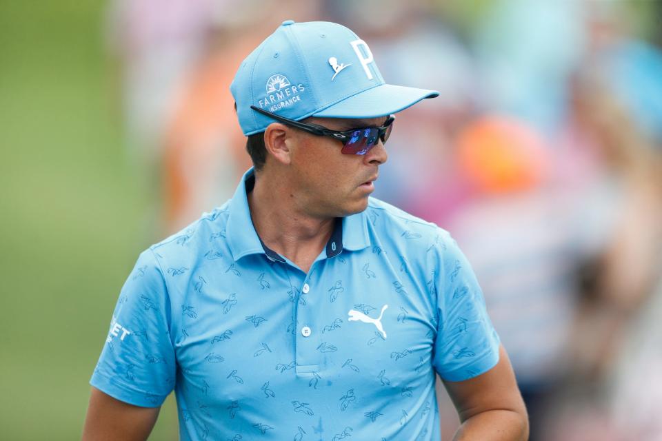 PGA Tour player Rickie Fowler prepares to tee off on the tenth hole during the first round of the FedEx St. Jude Championship at TPC Southwind in Memphis, Tenn., on Thursday, August 10, 2023.