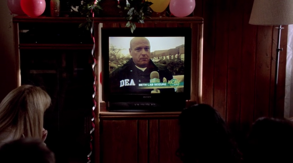 Guests at Walt’s 50th birthday party watch his brother-in-law Hank Schrader (Dean Norris) discuss a meth lab bust on TV. (Screengrab: Netflix)