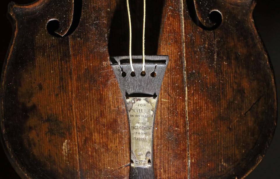 The violin that belonged to Titanic bandmaster Wallace Hartley is seen on display at the Titanic Centre in Belfast