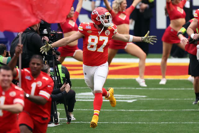 <p>Steph Chambers/Getty</p> Travis Kelce at the Super Bowl in Las Vegas on Feb. 11, 2024