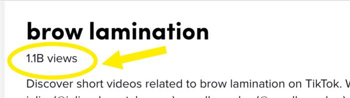 A screencap of the term 'brow lamination' on TikTok showcasing 1.1B views