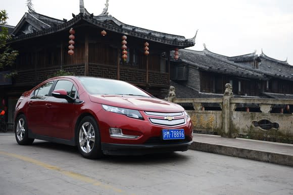 GM's Chevrolet Volt in front of ancient Chinese buildings.