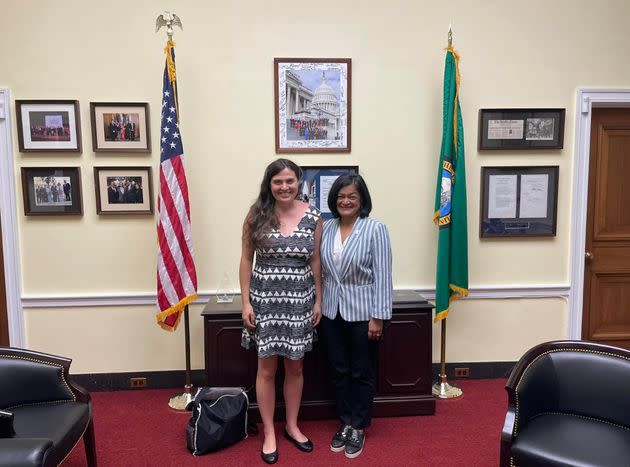 The author meeting with Congresswoman Jayapal on Capitol Hill on July 13, 2022, the day Jayapal introduced the bill. (Photo: Courtesy of Katrina Brees)