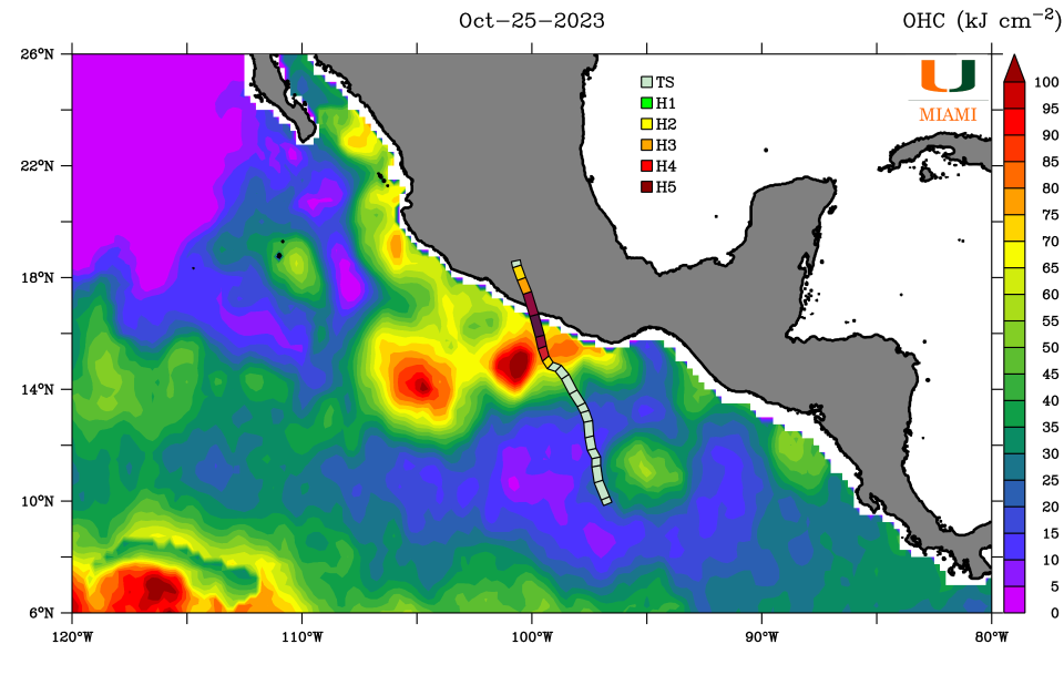 This illustration from the University of Miami shows how Hurricane Otis traversed over a pocket of very warm waters in the Pacific Ocean before reaching the coast of Mexico as a Category 5 hurricane.