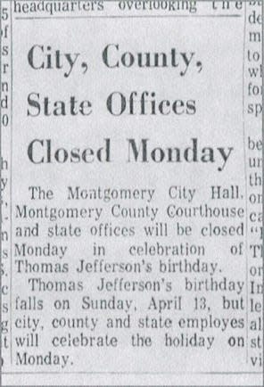 In this 1969 Montgomery Advertiser newspaper clipping, Montgomery County celebrates Jefferson's birthday.