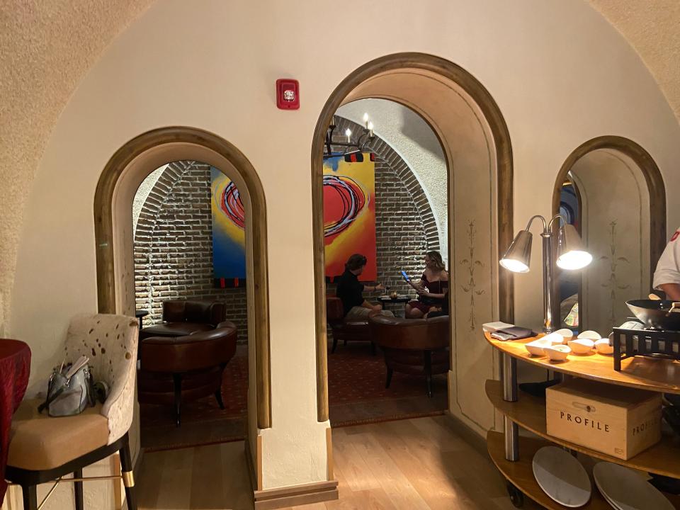 the Wine Grotto at Saint John's Resort in Plymouth Township has separate alcove-like seating areas.