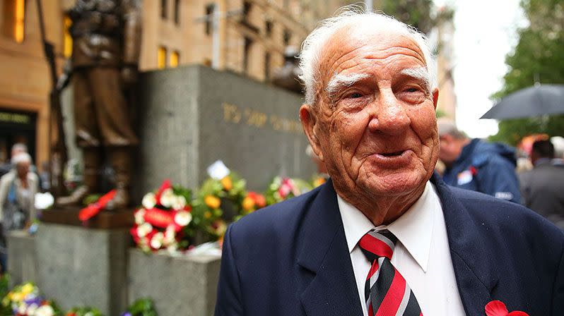A war veteran pays tribute at the Cenotaph during the Remembrance Day Service held at the Cenotaph, Martin Place. Photo: Getty