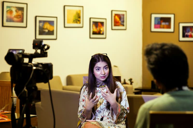 Dananeer Mobeen, a social media influencer who has become famous after her five-second video went viral, speaks during an interview with Reuters, in Karachi, Pakistan