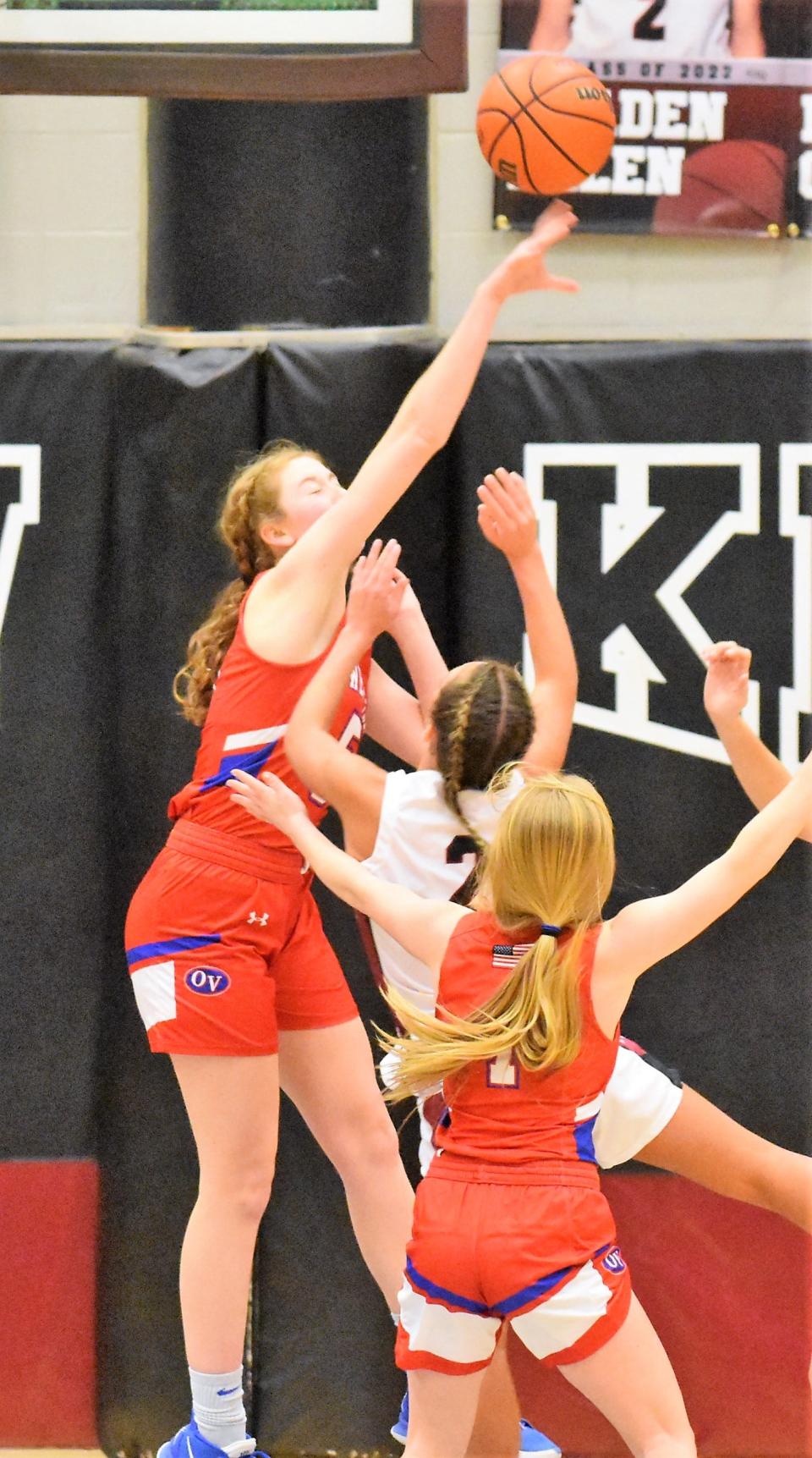 Owen Valley's Reagan Martin goes up for a block against the Lady Knights of Northview. Reagan finished the game with 25 points of her own.