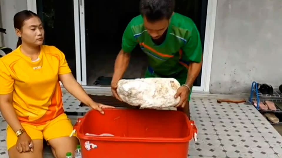 Veera Juengboon (31) und seine Frau Monruedee (26) fanden am Strand in Thailand 15 kg Amber. Quelle: Viral Press/Australscope