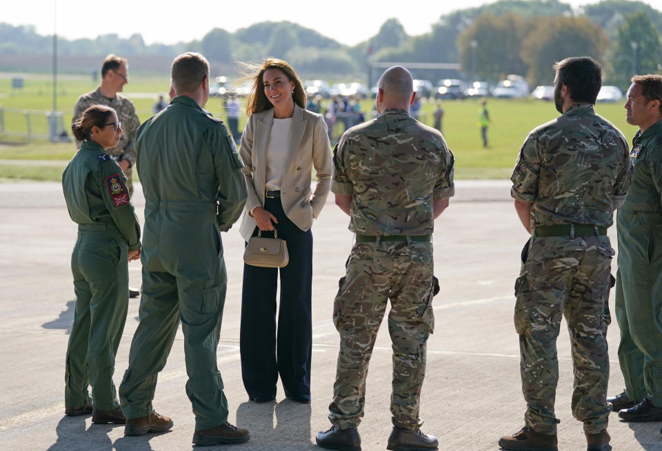 <p>The Duchess of Cambridge during a visit to RAF Brize Norton, near Oxford, to meet military personnel and civilians who helped evacuate Afghans from their country. Picture date: Wednesday September 15, 2021.</p>
