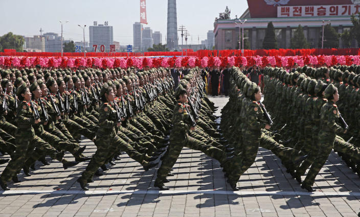 North Korean soldiers march during the parade (Picture: AP)