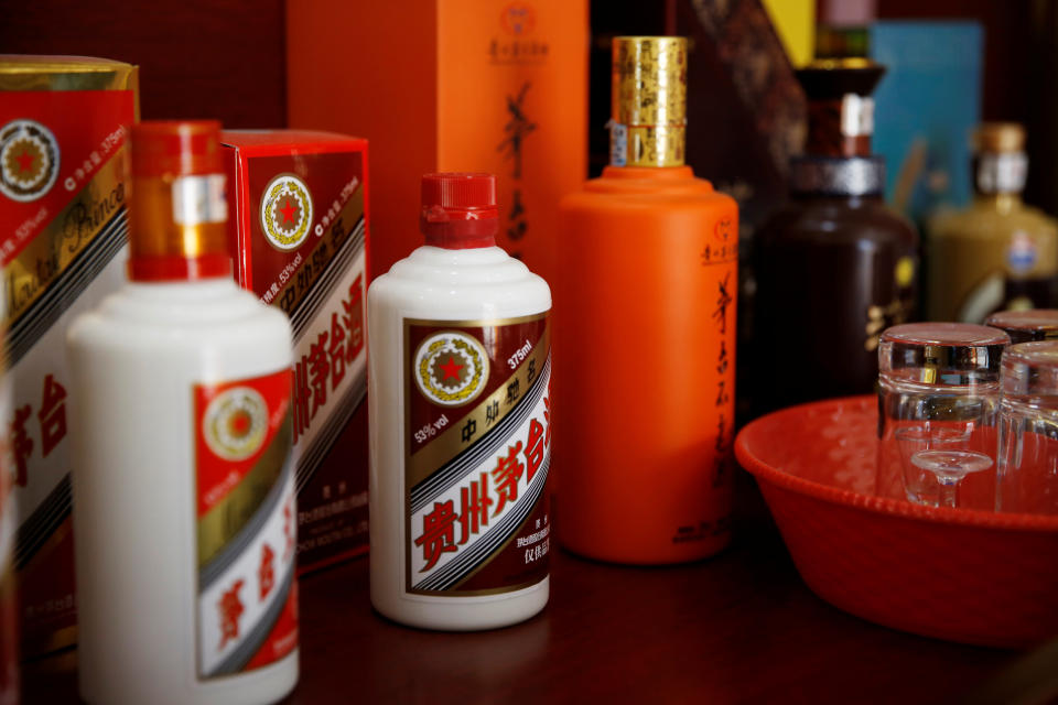 Different series of Kweichow Moutai liquor are seen at a tasting section inside a direct sale store in Beijing, China November 2, 2020. Picture taken November 2, 2020. REUTERS/Tingshu Wang