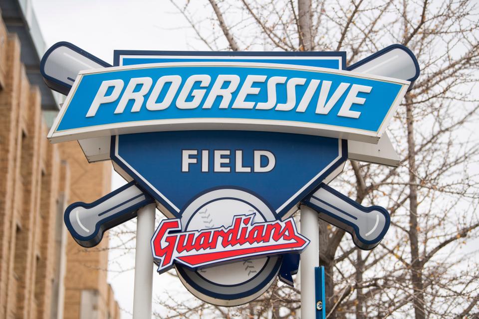 A sign with the new team name of Cleveland's baseball team, Guardians, is displayed in Cleveland on Nov. 19, 2021.