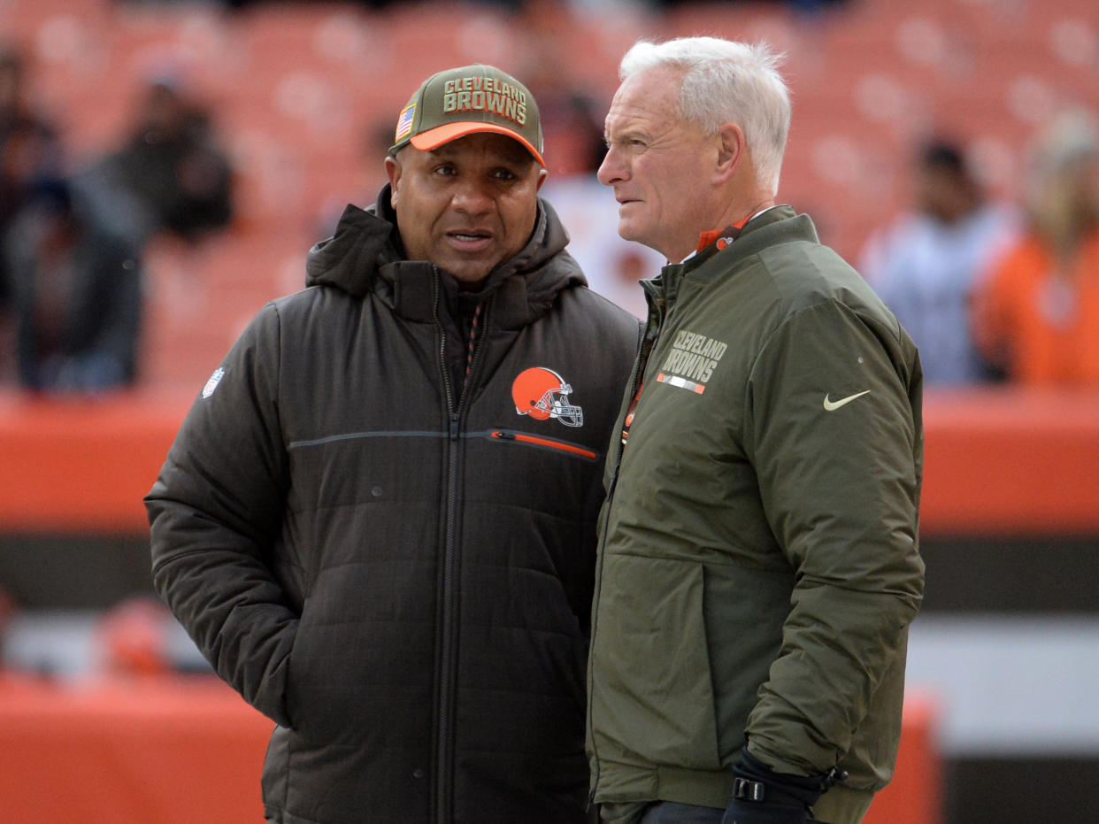 Sources tell Yahoo Sports that former Cleveland Browns head coach Hue Jackson has expressed a willingness to provide both testimony and materials to Brian Flores' class action lawsuit, alleging that Browns owner Jimmy Haslam financially incentivized 