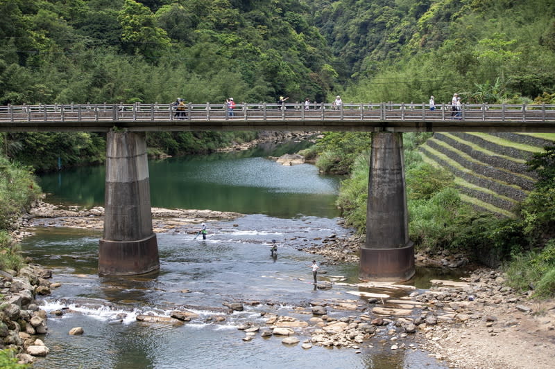 跨鐵軌攀三貂嶺瀑布群有違法之虞（2） 從台鐵平溪線三貂嶺車站跨鐵軌前往瀑布群，有違反 鐵路法之虞。新北市瑞芳區公所15日表示，短期已行 文台鐵公司設置時相管制號誌供民眾通行，作為交通 需求權宜之計，長期必須由交通部召集修改鐵路法。 圖為觀光客行走鐵路橋梁便道。 （民眾萬先生提供） 中央社記者黃旭昇新北傳真  113年6月15日 