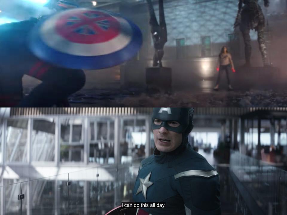 Top image: Captain Carter fights Wanda in "Doctor Strange in the Multiverse of Madness." In the bottom image: Captain America saying, "I can do this all day," in "Avengers: Endgame."