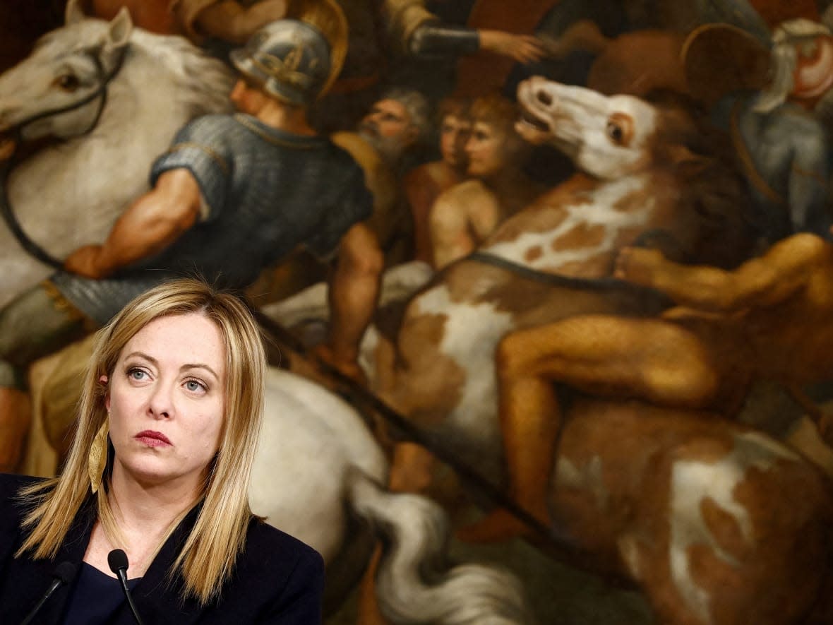 Italian Prime Minister Giorgia Meloni attends a joint news conference with European Council President Charles Michel at Chigi Palace in Rome on Jan. 30. (Guglielmo Mangiapane/Reuters - image credit)