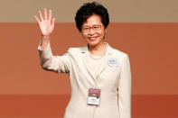 FILE PHOTO: Carrie Lam waves after she won the election for Hong Kong's Chief Executive in Hong Kong, China March 26, 2017. REUTERS/Bobby Yip