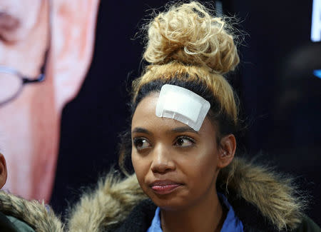 Gabriella Engels, who claims to have been assaulted by Grace Mugabe, arrives for a news conference in Pretoria, South Africa, August 17, 2017. REUTERS/Siphiwe Sibeko