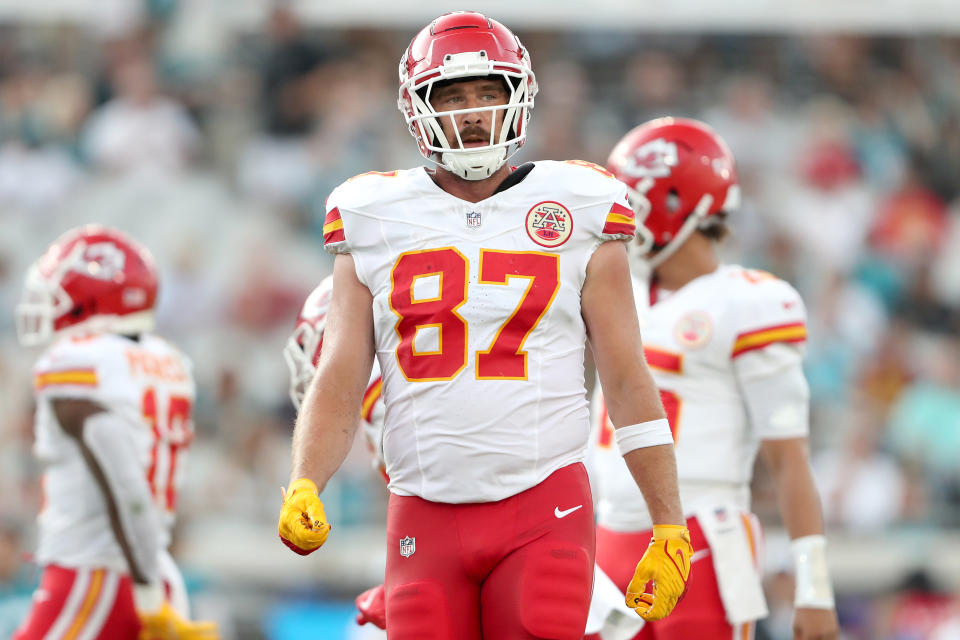 JACKSONVILLE, FLORIDA – AUGUST 10: Travis Kelce #87 of the Kansas City Chiefs in action during the first half of the NFL preseason game against the Jacksonville Jaguars at EverBank Stadium on August 10, 2024 in Jacksonville, Florida. (Photo by Courtney Culbreath/Getty Images)