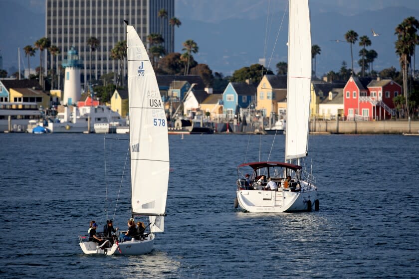 MARINA DEL REY, CA - AUGUST 01: Sailboats head back to the marina on Monday, Aug. 1, 2022 in Marina del Rey, CA. Monsoon weather returns to Southern California, with scattered showers and thunderstorms expected across the region through Monday. (Gary Coronado / Los Angeles Times)
