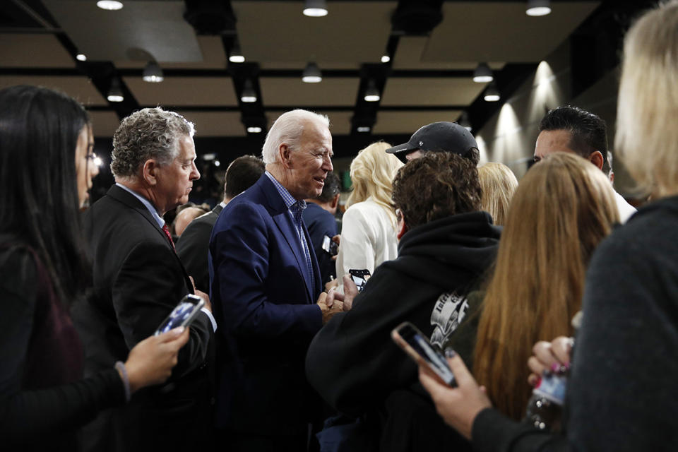 Democratic presidential candidate former Vice President Joe Biden meets with supporters during a caucus night event, Saturday, Feb. 22, 2020, in Las Vegas. (AP Photo/John Locher)