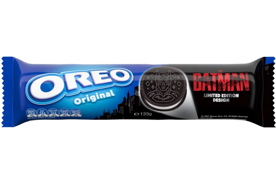 Batman Oreo packaging showing a cookie with the imprint of Batman and the word Batman on the package.