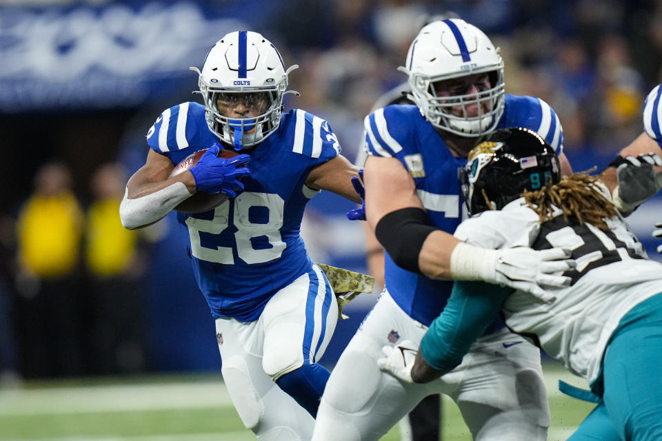 Indianapolis Colts running back Jonathan Taylor has been given permission to pursue a trade. (AP Photo/AJ Mast)