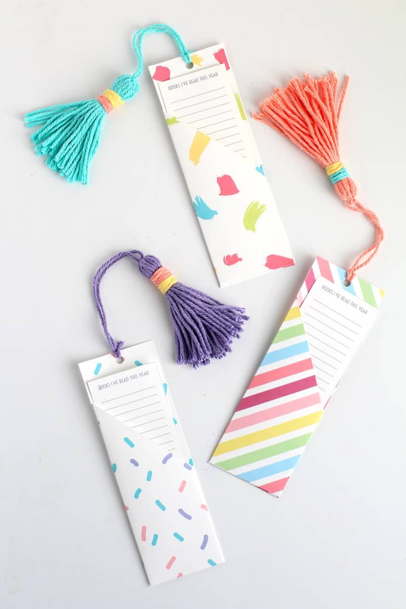 Three bookmarks with different colored tassels