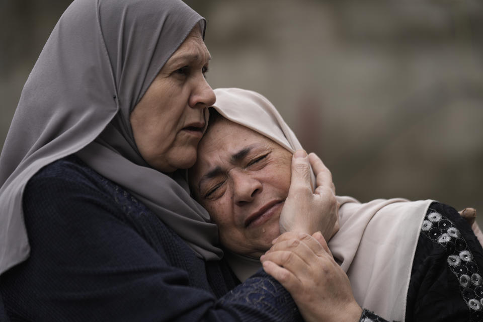 Palestinians attend funerals of five militants killed in clashes with Israeli forces in Tulkarem, West Bank, Wednesday, Nov. 22, 2023. (AP Photo/Majdi Mohammed)