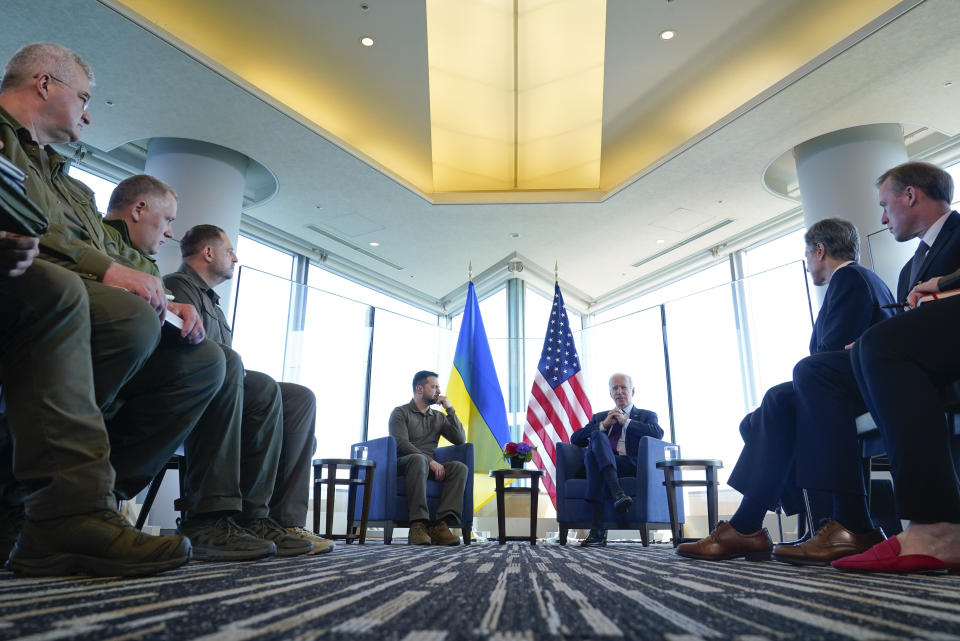 President Joe Biden meets with Ukrainian President Volodymyr Zelenskyy on the sidelines of the G7 Summit in Hiroshima, Japan, Sunday, May 21, 2023. (AP Photo/Susan Walsh)