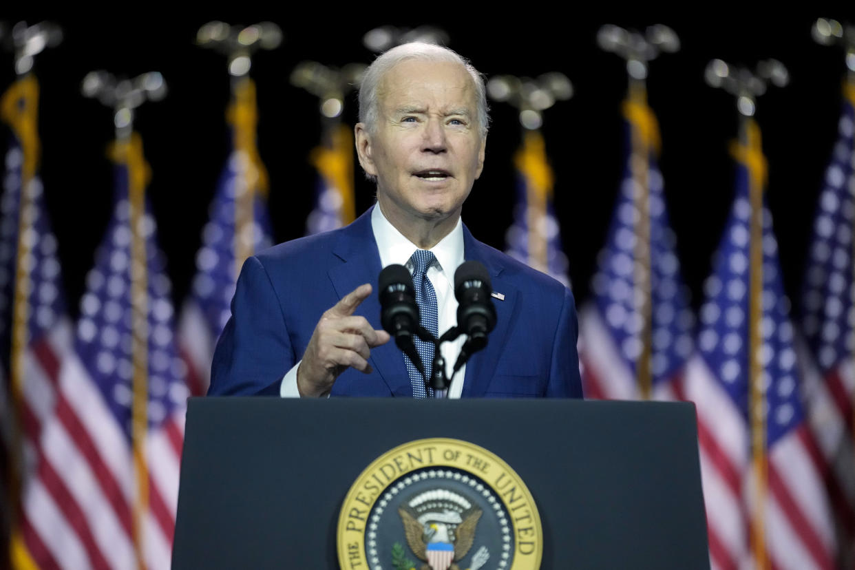 FILE - President Joe Biden speaks on the debt limit during an event at SUNY Westchester Community College, May 10, 2023, in Valhalla, N.Y. Biden and his administration have been searching for ways to act unilaterally to avoid an economic “calamity” if Congress can’t reach agreement to allow more borrowing. (AP Photo/John Minchillo, File )