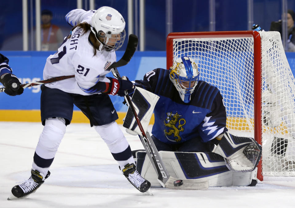 <p>Noora Raty (41), of Finland, blocks a shot by Hilary Knight (21), of the United States, during the second period of the preliminary round of the womenâs hockey game at the 2018 Winter Olympics in Gangneung, South Korea, Sunday, Feb. 11, 2018. (AP Photo/Frank Franklin II) </p>