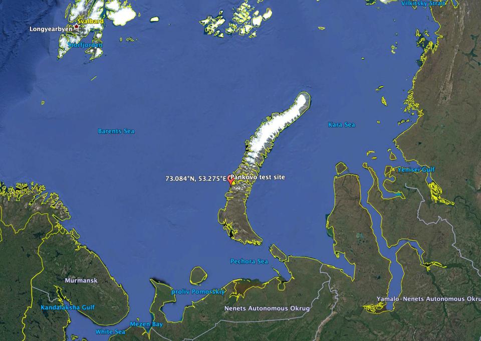 A map showing Russia's Novaya Zemlya archipelago in the Arctic Ocean. The specific location of the Pankovo test site is also marked. <em>Google Earth</em>