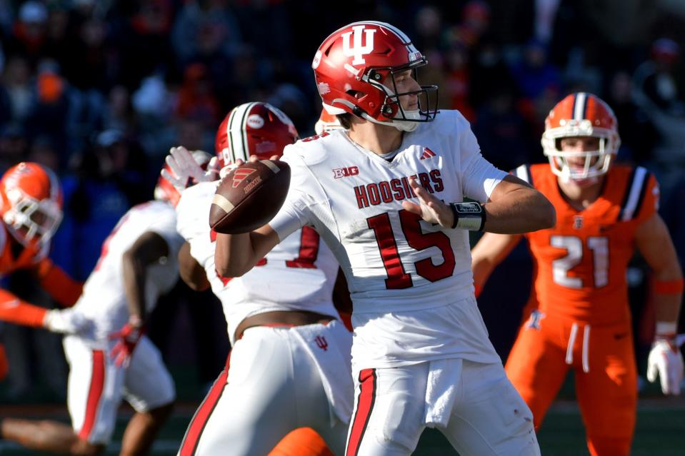 Nov 11, 2023; Champaign, Illinois, USA; Indiana Hoosiers quarterback Brendan Sorsby (15) passes the ball during the second half against the Illinois Fighting Illini at Memorial Stadium.