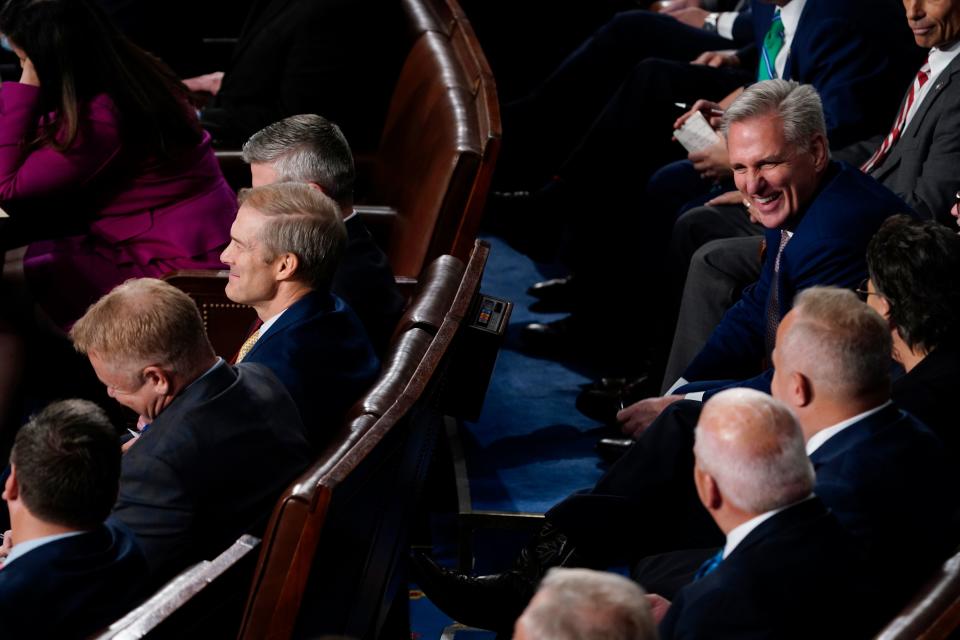 Former Speaker of the House Rep. Kevin McCarthy, R-Calif., laughs as as House lawmakers hold a vote to elect a new speaker in Washington on Tuesday, Oct. 17, 2023. Rep. Jim Jordan, R-Ohio is seen left row center. House Republicans nominated the chair of the House Judiciary Committee, Rep. Jim Jordan, R-Ohio, to the speakership last week. Jordan's chances of earning 217 votes, the number needed to become speaker, are unclear.