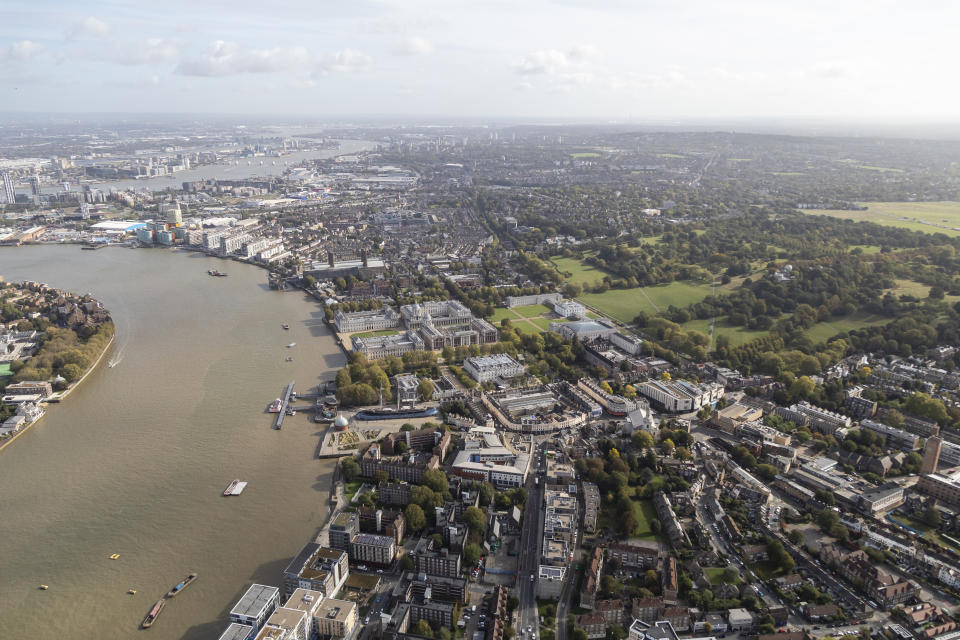 Aerial view of Greenwich Royal Naval College and Cutty Sark boat. Winter 2019. London. UK