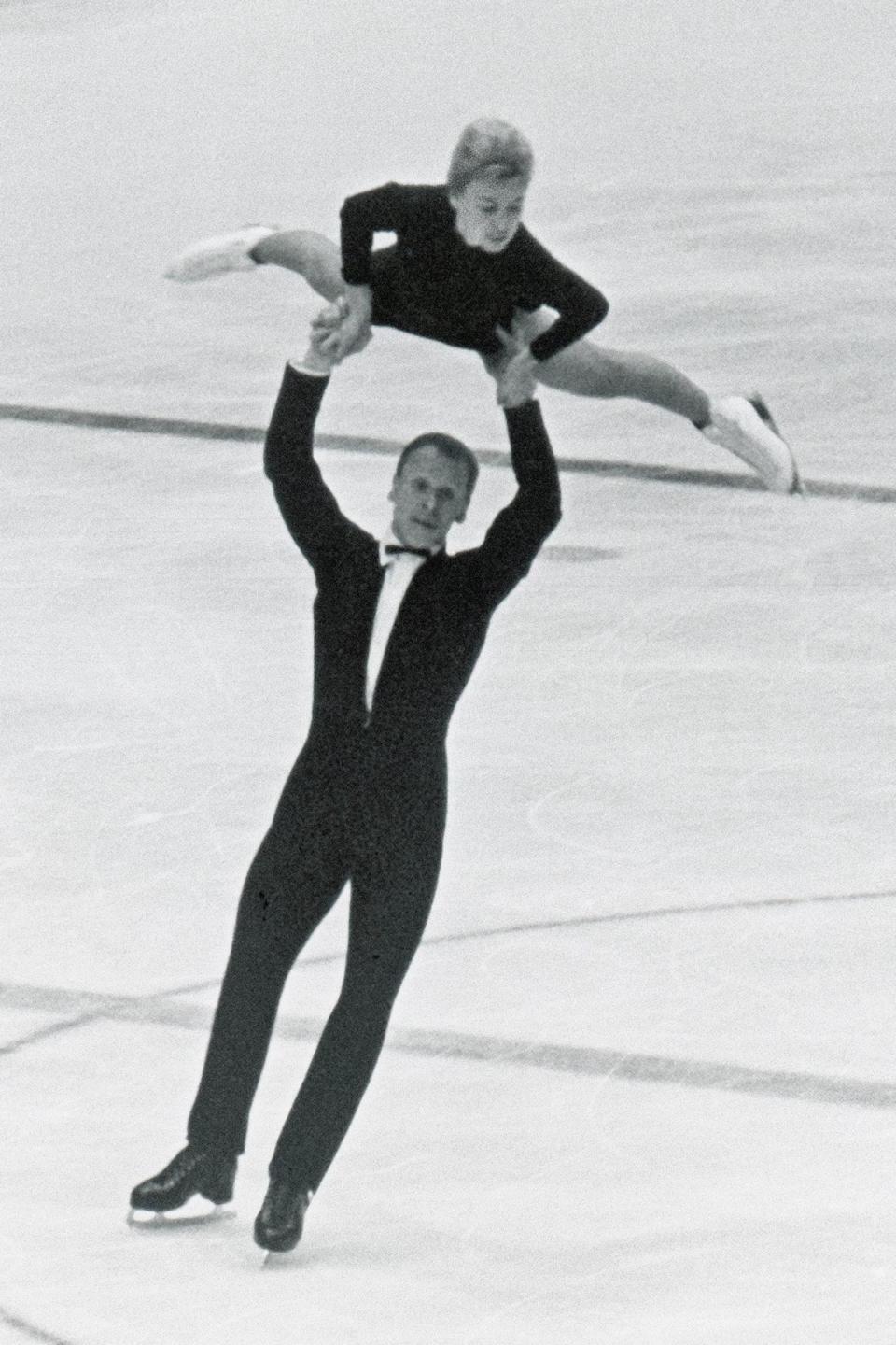 <p>Liudmila Belousova and Oleg Protopopov of the Soviet Union compete in pairs figure skating with matching black and white ensembles. 'In the '40s, '50s, and '60s skaters' public image was definitely much more demure. Costumes weren't as garish and flamboyant and over the top as they may seem now,' Weir says. </p>