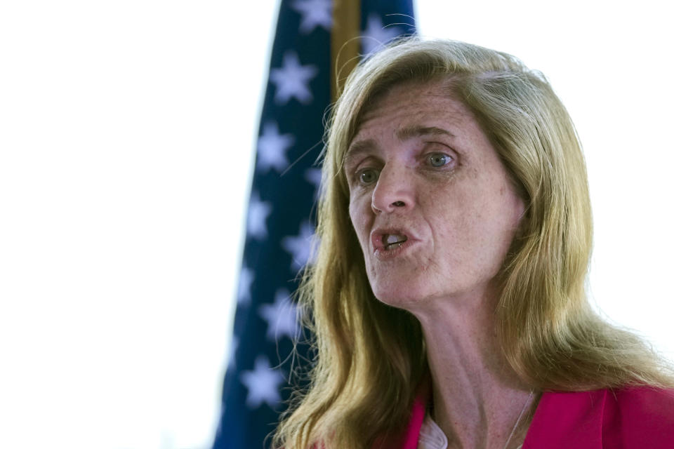 U.S. Agency for International Development (USAID) Administrator Samantha Power addresses the media after talks with Serbia's top officials in Belgrade, Serbia, Wednesday, May 10, 2023. Power arrived in Belgrade for the start of a week long visit to Serbia and Kosovo. (AP Photo/Darko Vojinovic)