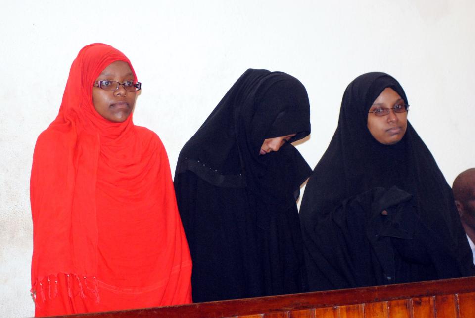 MOMBASA, KENYA - MARCH 30: Three women on Monday were brought before a court in Kenya's coastal city of Mombasa on March 30, 2015 after having been arrested by security forces at the border with Somalia for allegedly planning to travel to Syria. The three young women, one Tanzanian and two Kenyans, were arrested on Saturday near El Wak, a Kenyan town less than 10km from the Somali border. (Photo by Yassin Juma/Anadolu Agency/Getty Images)