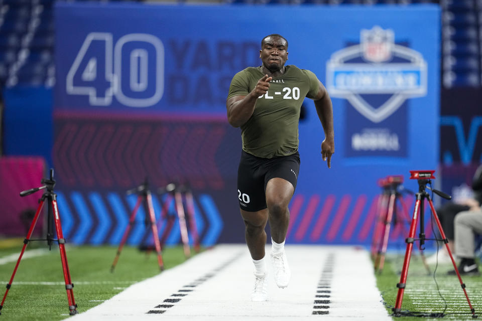 Northwestern's Ade Adebawore, who starred at the combine, is still available on Day 3 of the 2023 NFL Draft. (AP Photo/Darron Cummings)