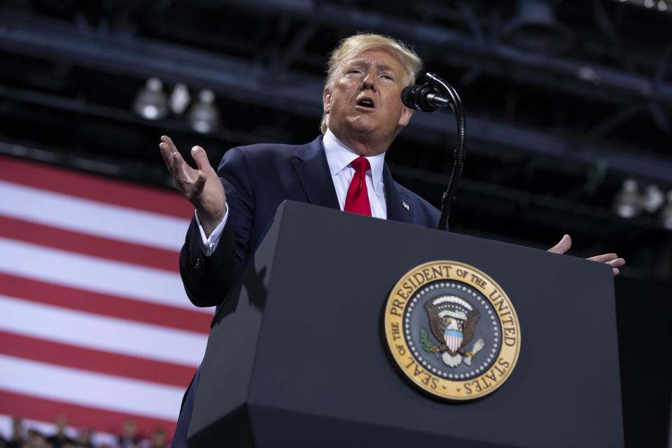 President Donald Trump speaks during a campaign rally.