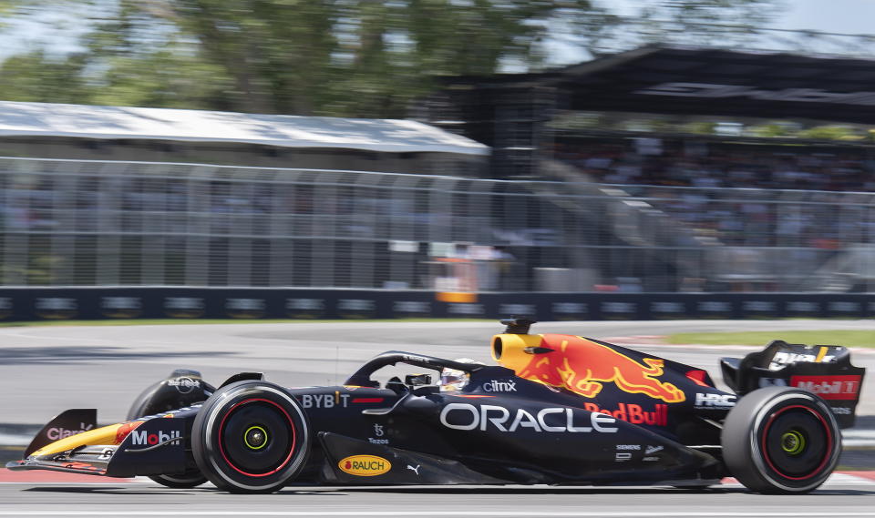 Red Bull driver Max Verstappen, of the Netherlands, takes a turn at the Senna corner during the Canadian Grand Prix in Montreal on Sunday, June 19, 2022. (Graham Hughes/The Canadian Press via AP)