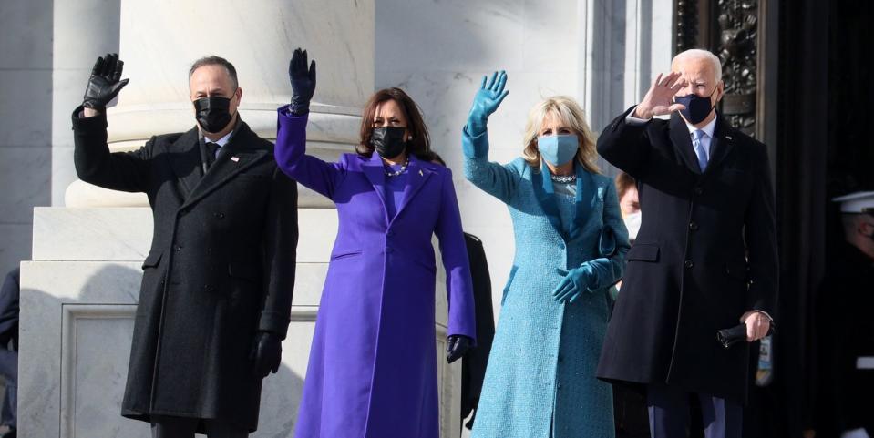 Photo credit: Kamala Harris in Christopher John Rogers and Jill Biden in Markarian - Getty Images